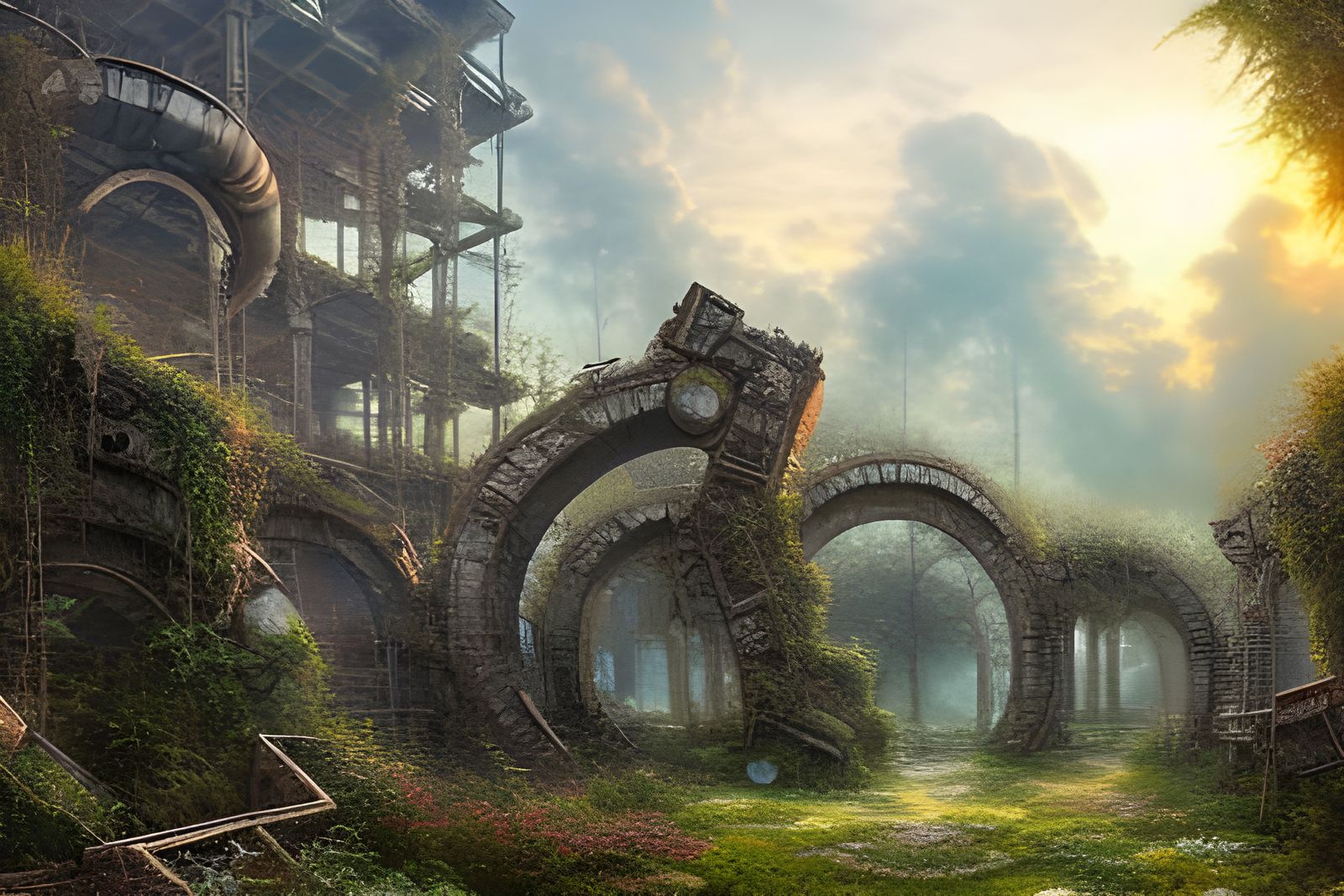 Overgrown High-Tech Ruins in Post-Apocalyptic Wasteland