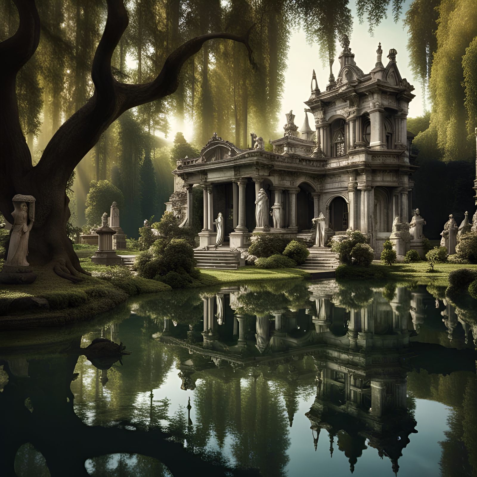 Corroded Mansion in Dense Forest with Gothic Cemetery