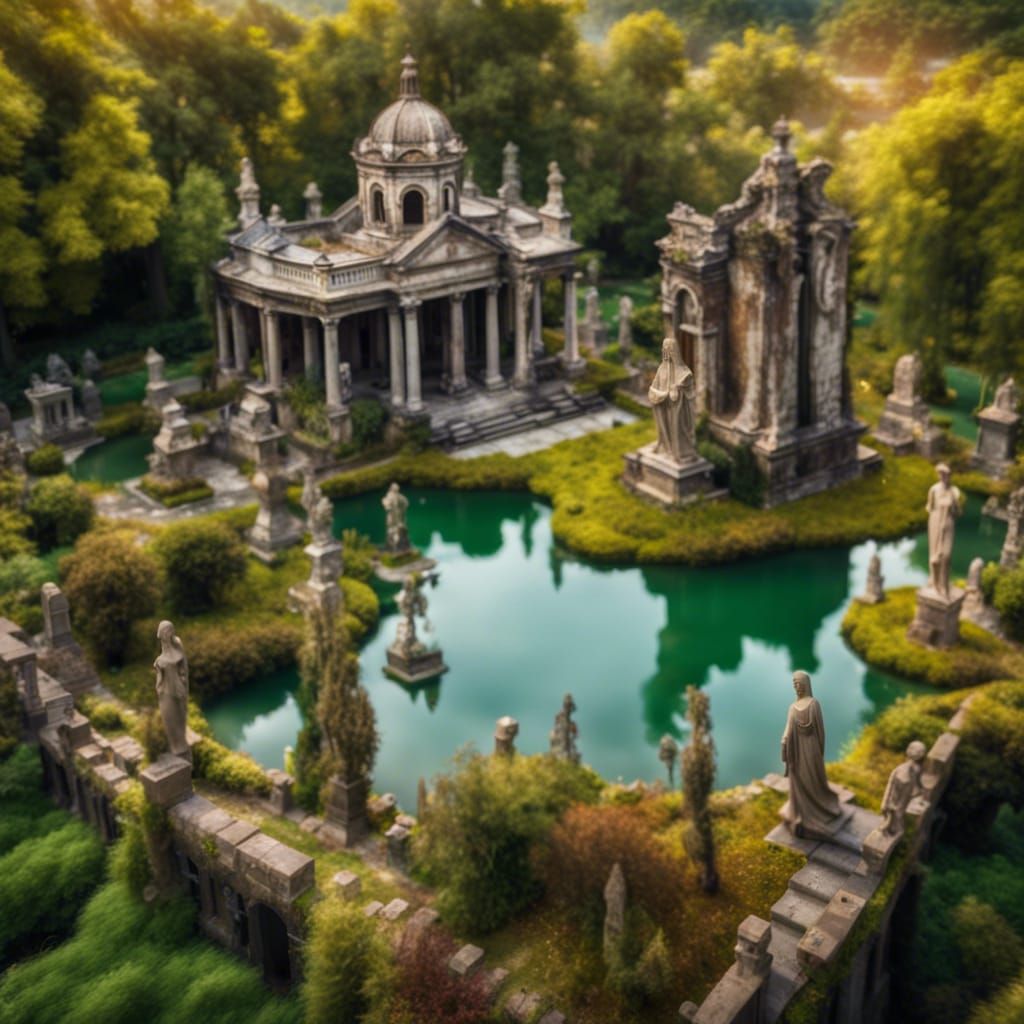 Corroded Mansion in Dense Forest With Greek Statues