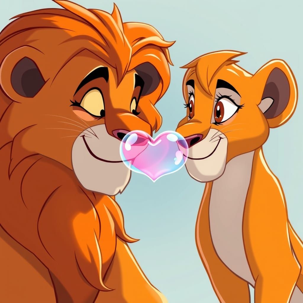 Whimsical Lion Love in Vibrant Disney Cartoon Style