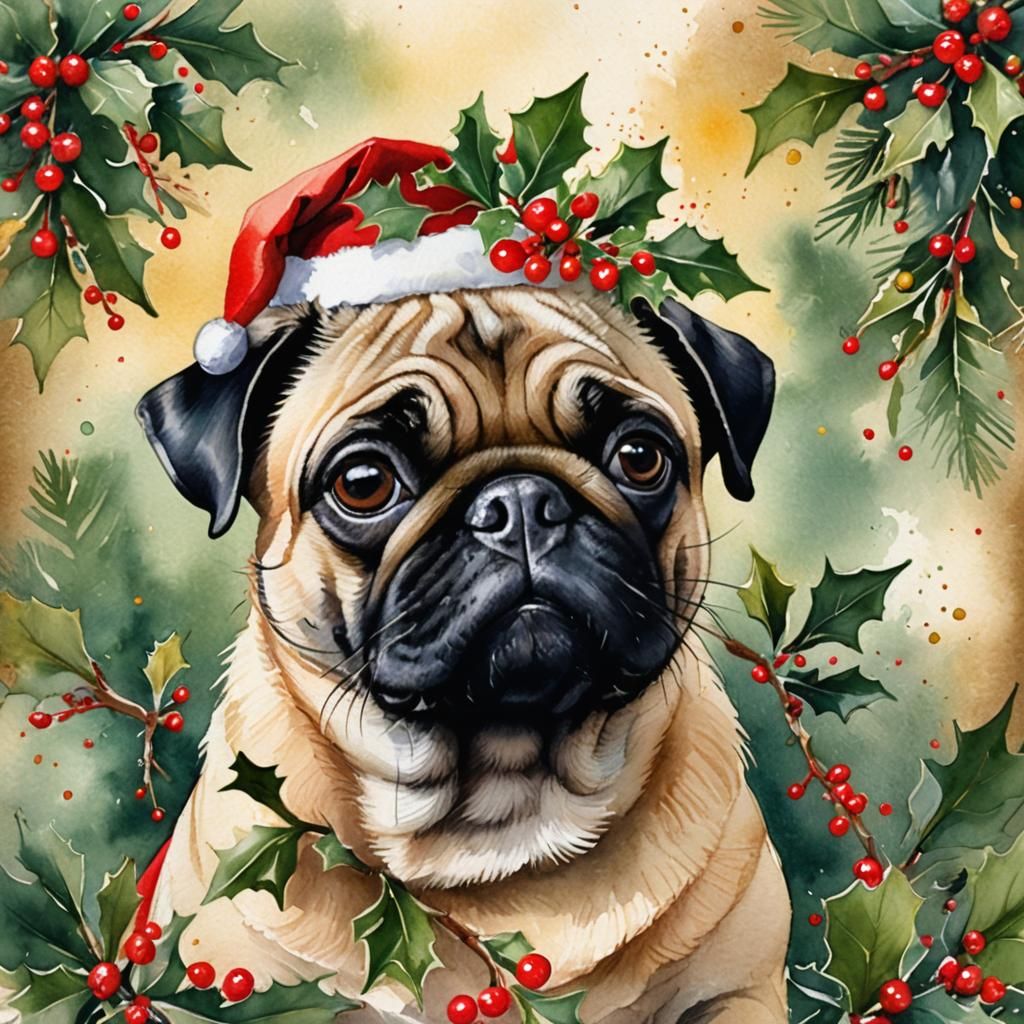 Festive Pug Portrait in Watercolor with Santa Hat