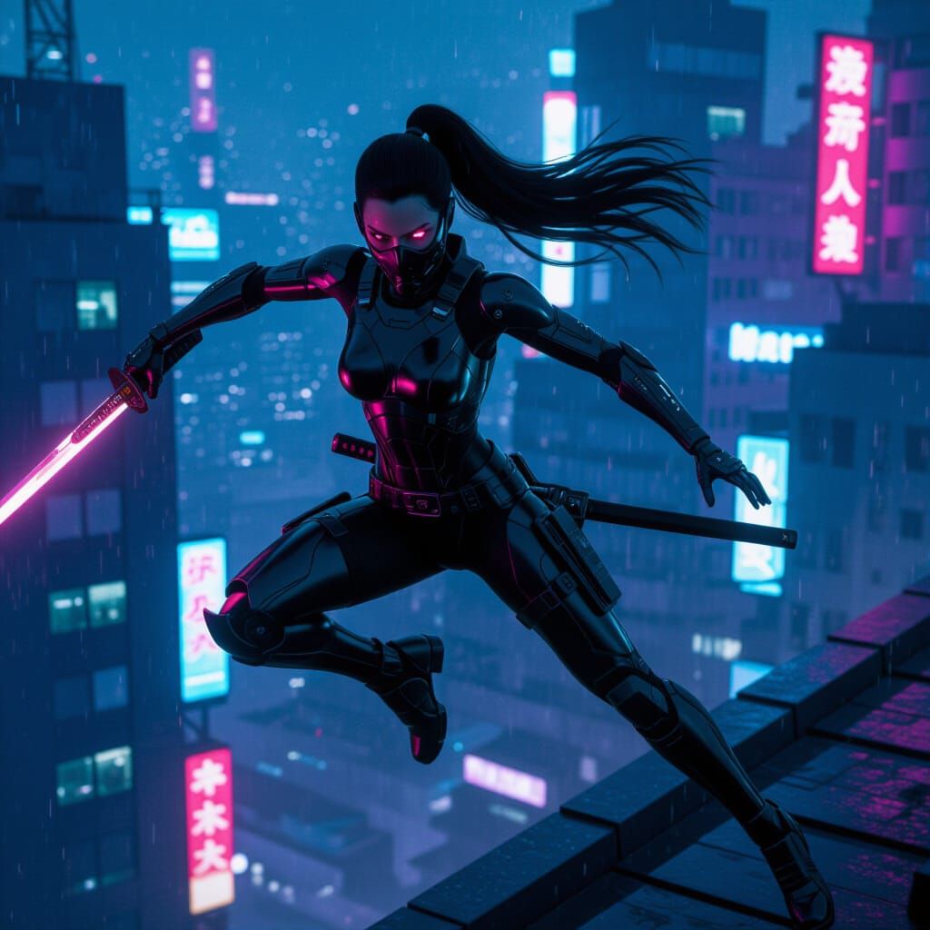 Cyberpunk Ninja Leaps Across Neon City Rooftops