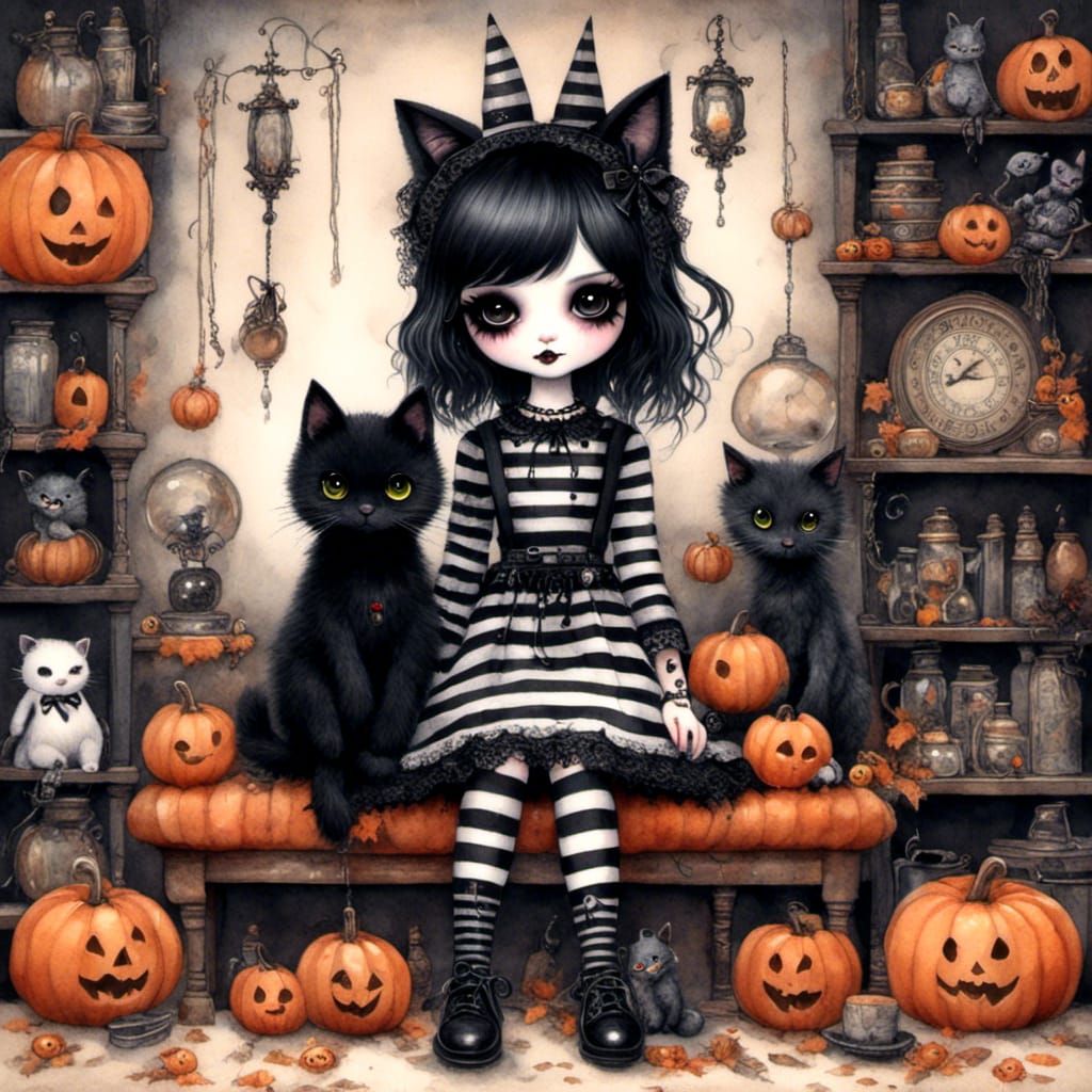 Goth Girl with Black Cat Watercolor