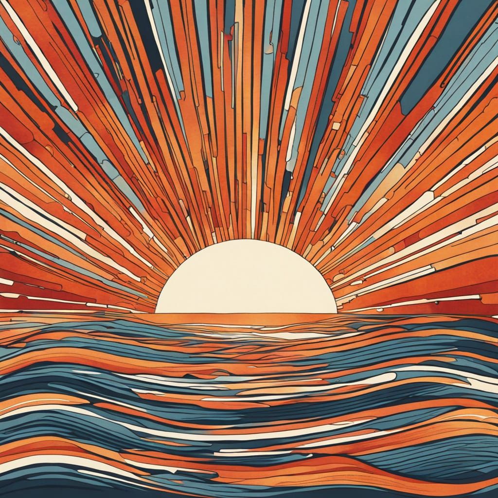 Surreal Art Deco Sunset with Vibrant Orange and Red Lines