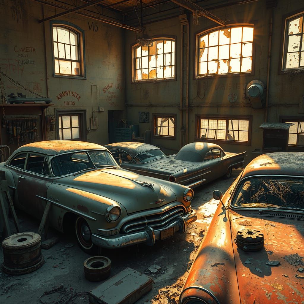 Forgotten Dystopian Garage in Warm Light