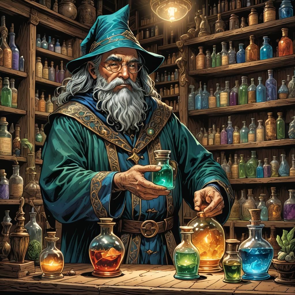 Wizard Holding Healing Potions in Comic Book Style