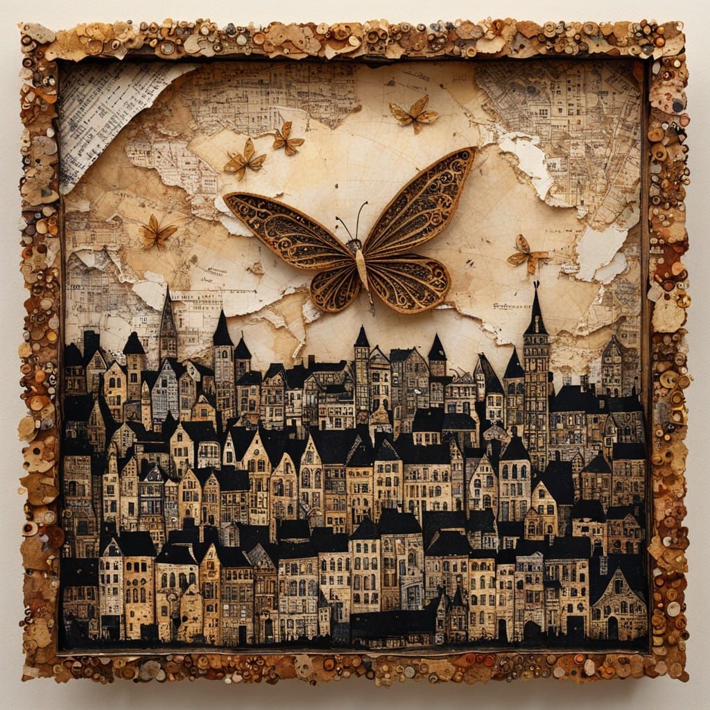 Butterfly flying over a city