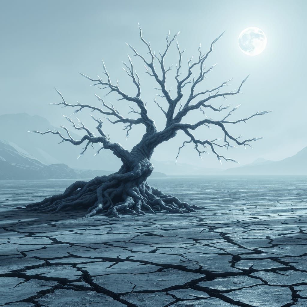 Dystopian Ice Tree Landscape in Dark Fantasy Style
