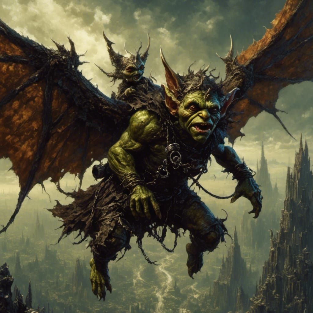 Goblin Flies with Wooden Wings: Fantasy Art