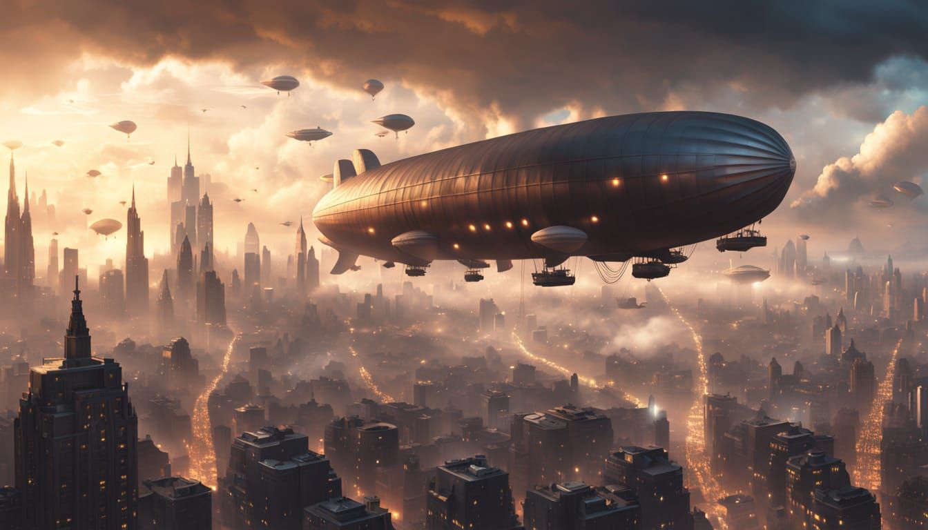 Surreal City of Dirigibles Under Golden Hour
