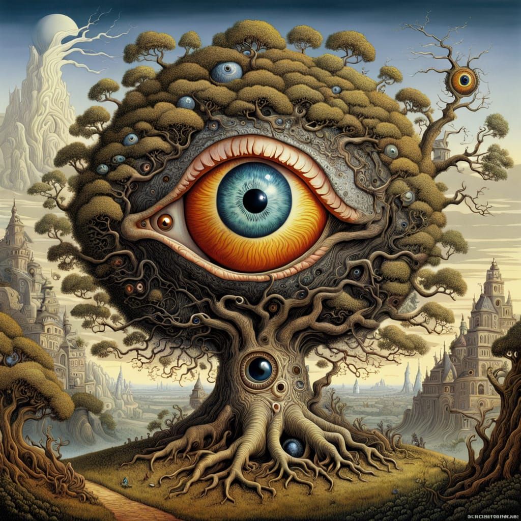 Giant Eyeball Tree in Surreal Gothic Landscape
