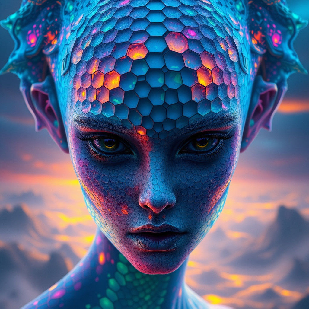 Ethereal Alien Face with Bioluminescent Honeycomb Pattern