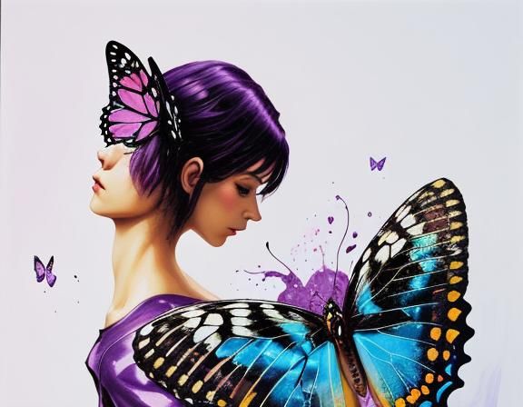 Surreal Butterfly Woman Portrait in Oil Gouache