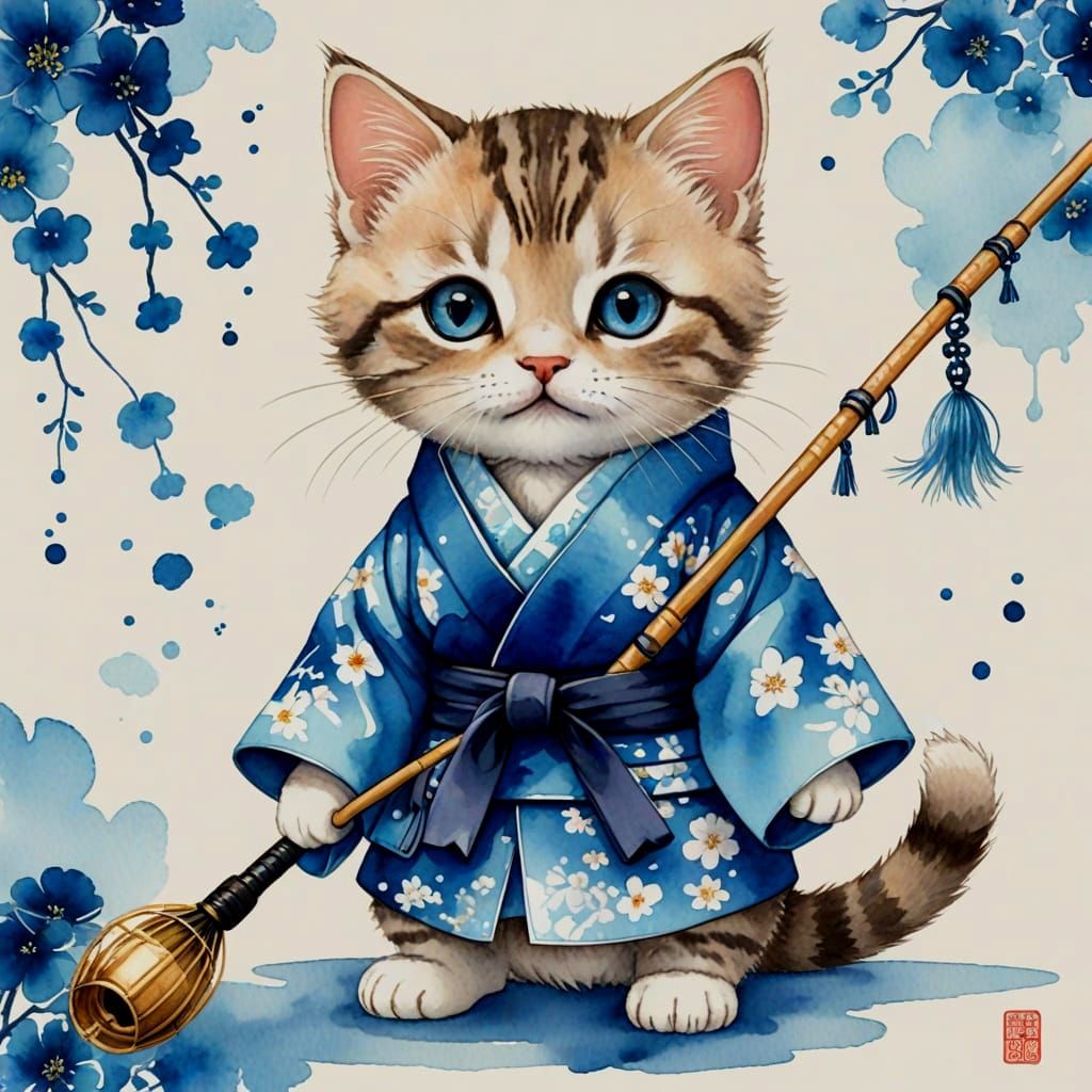 Kitten in a Blue Kimono