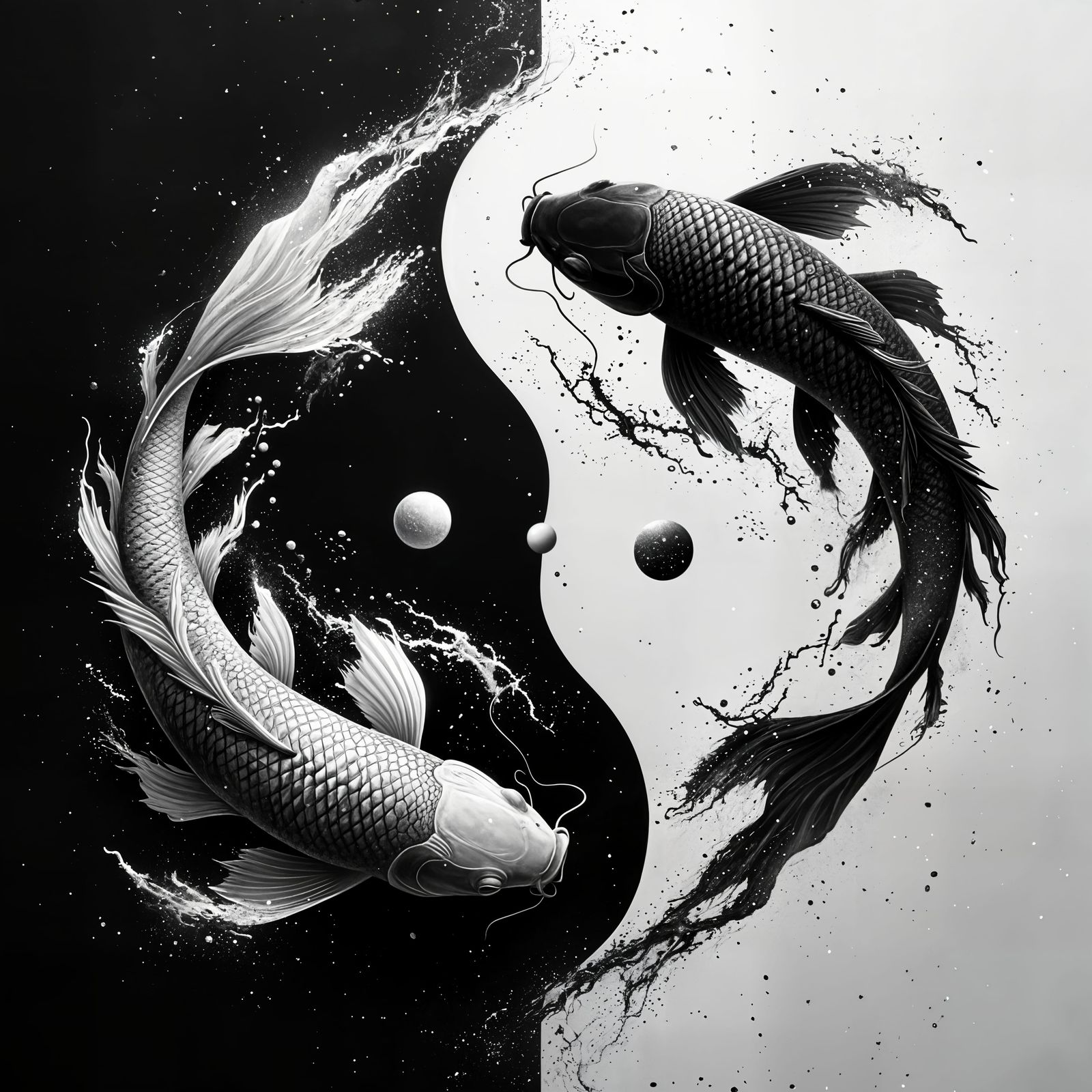 Yin Yang Koi Fish in Grayscale Harmony