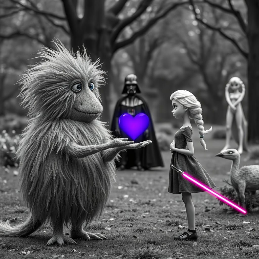 Surreal Grayscale Encounter with a Tim Burton-Inspired Fluff...