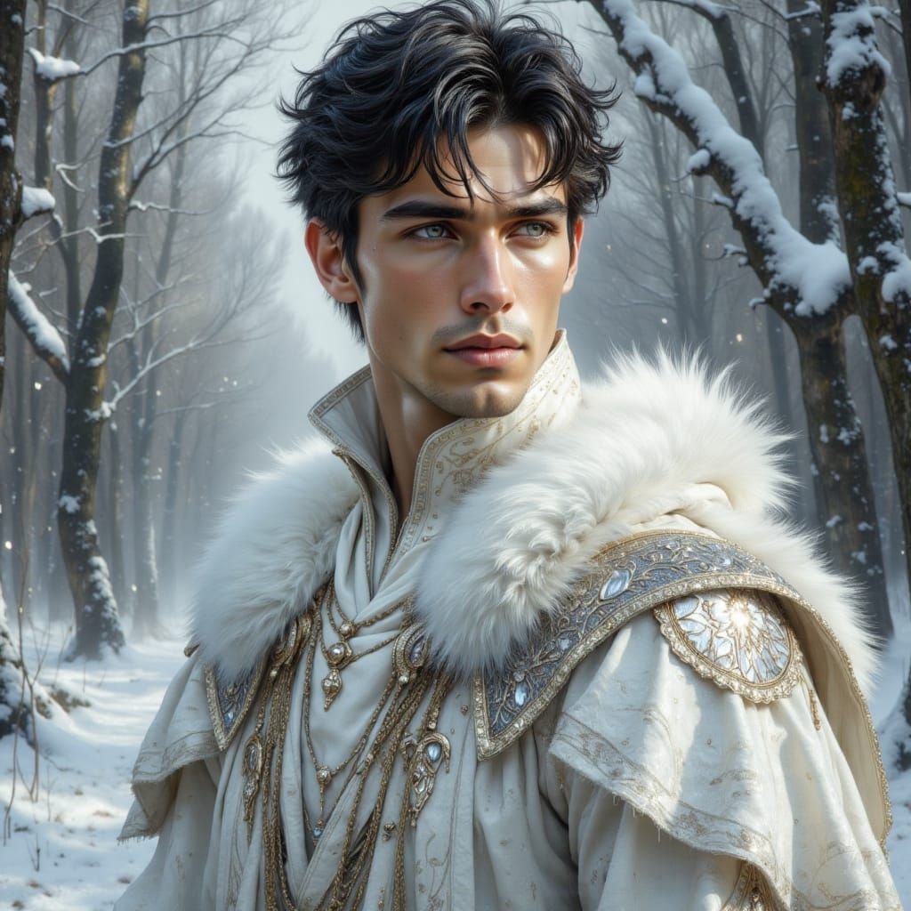 Handsome Youth in Snowy Forest, Digital Matte Painting