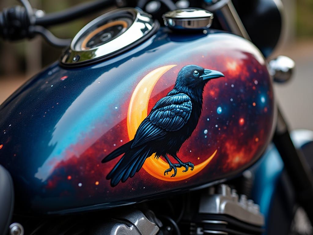 Airbrushed Raven on Motorcycle Tank with Cosmic Scene