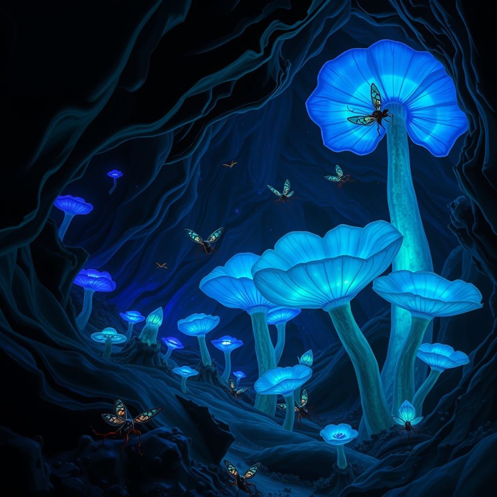 Glowing, bioluminescent fungi illuminate a cavern's slick, o...