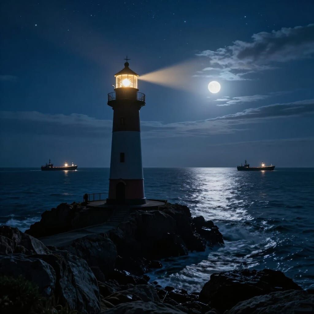 Golden Lighthouse Beam Sweeps Dark Ocean Night