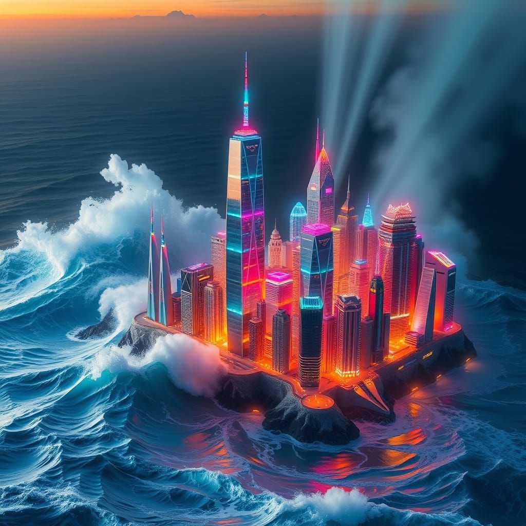 Iridescent Cityscape Emerge from Undulating Waves