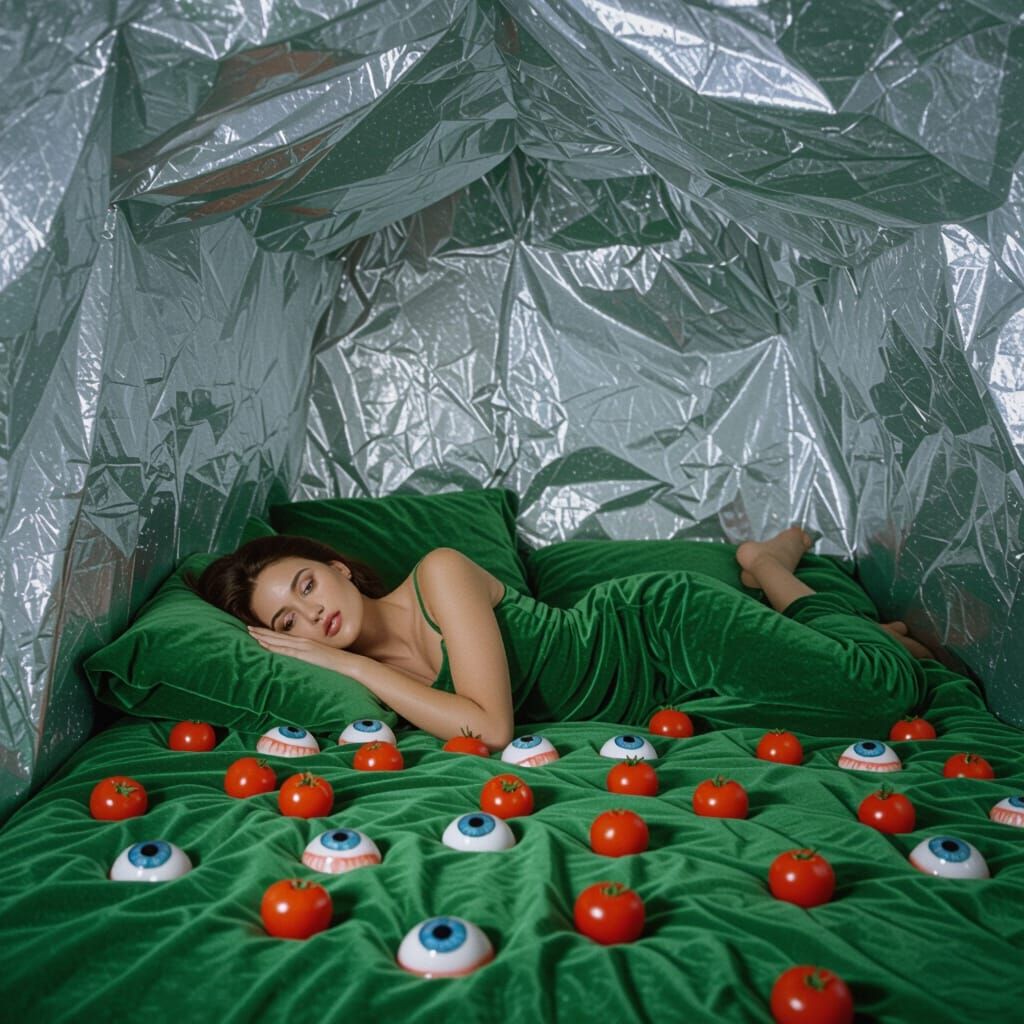 Surreal Scene: Woman on Eyeball and Tomato Bed
