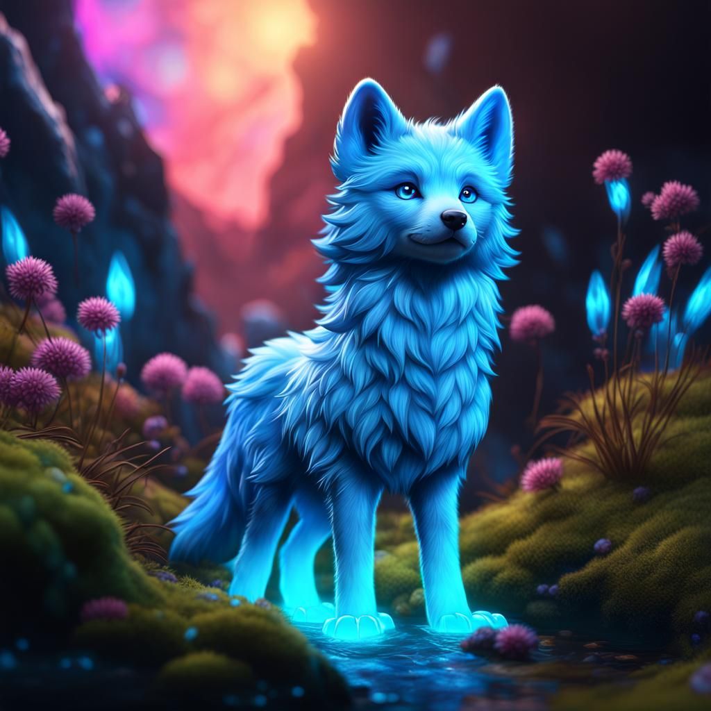 Bioluminescent Blue Wolf Cub in Slime Spring