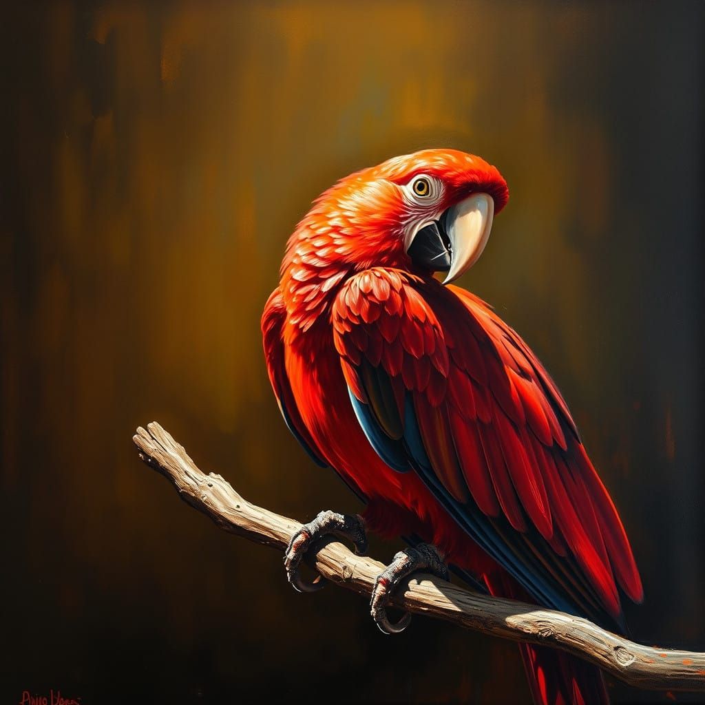 Dramatic Oil Painting of a Red Parrot in Chiaroscuro