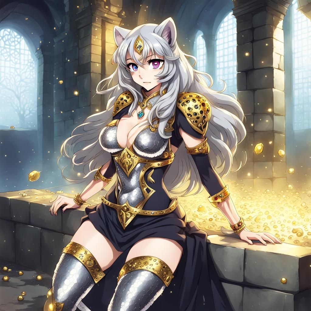 Silver Cheetah Goddess in Anime Style Dungeon