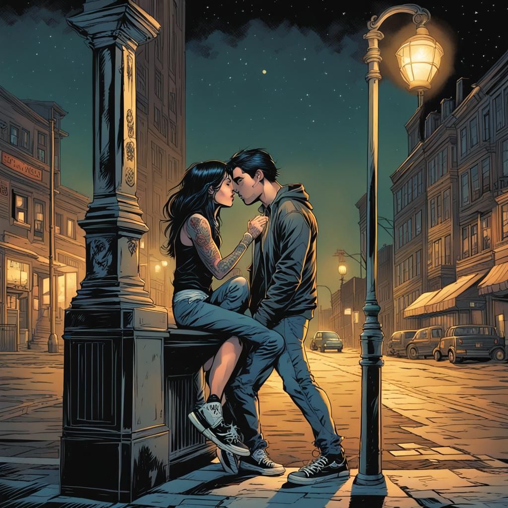 Couple Kissing at Night in Comic Book Art Style