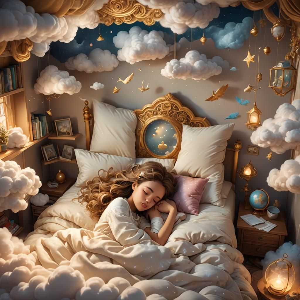Dreamy Fantasy Art: Girl Sleeping with Whimsical Visions