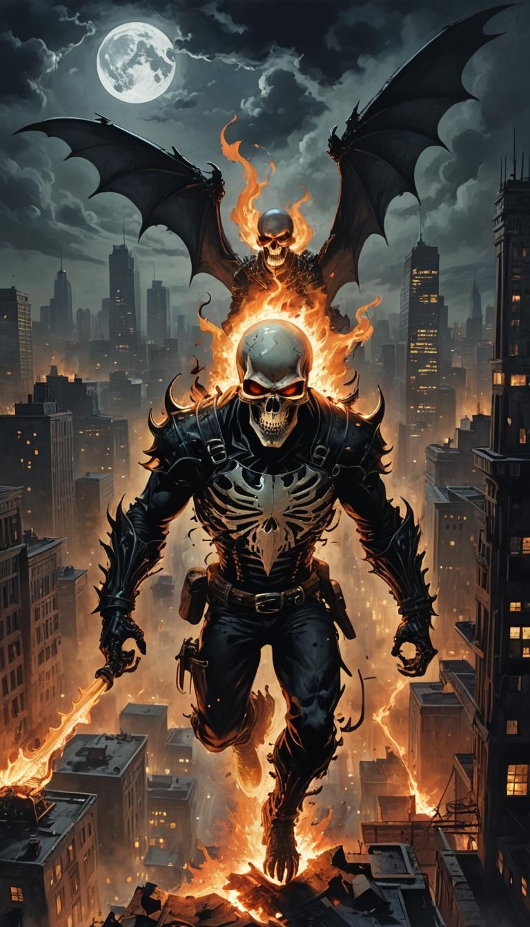 Demonic Ghost Rider Hybrid in Dark Urban Landscape