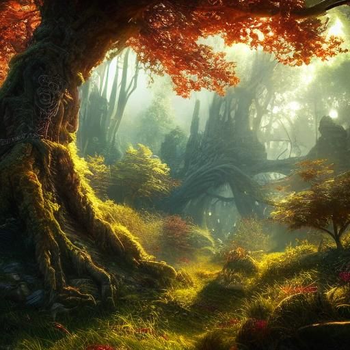 Girl Before Luminous Tree: Fantasy Digital Art