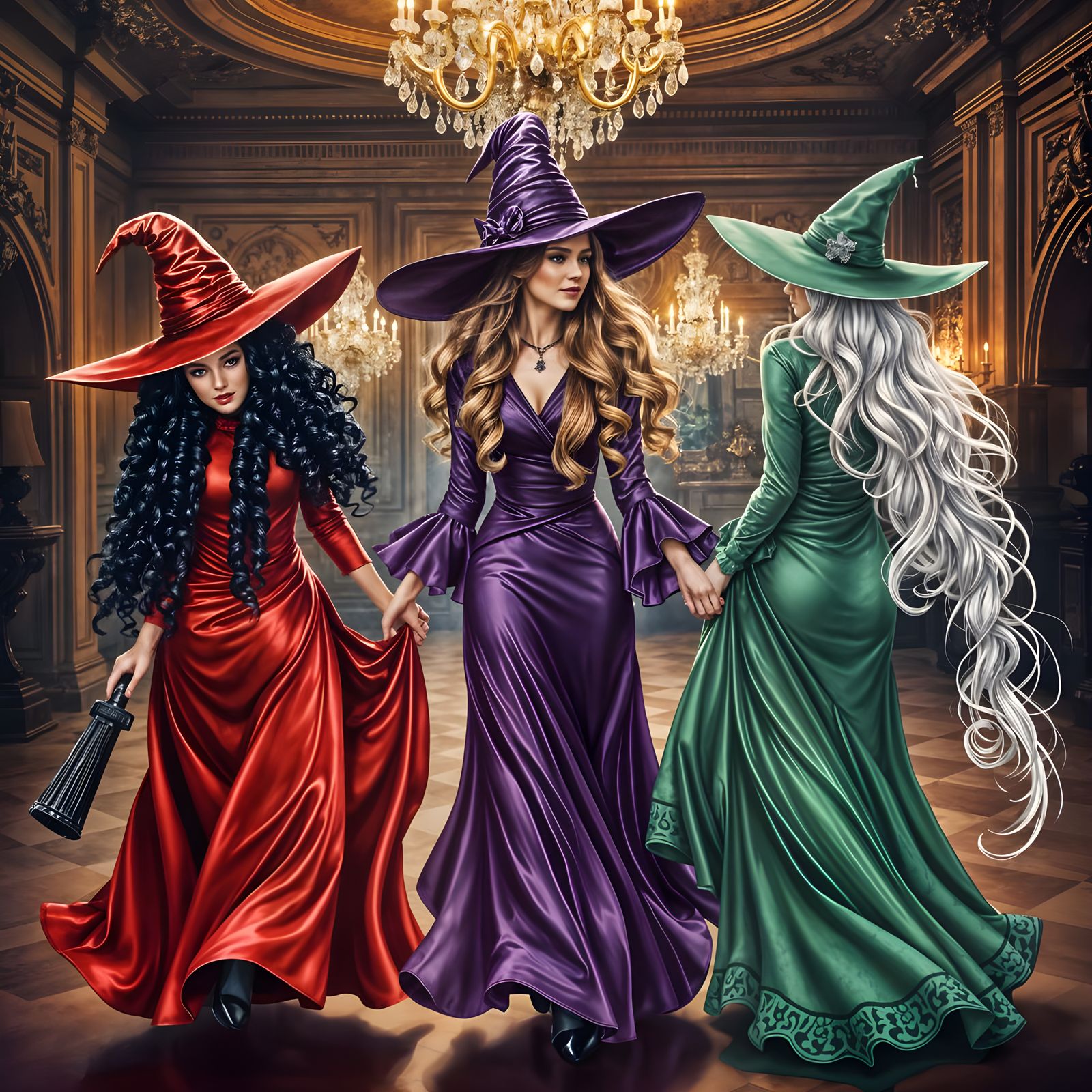 Three Witches in Elegant Outfits at a Grand Ball