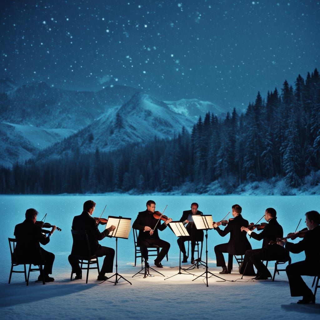 Orchestra on Frozen Lake: Cinematic Film Still