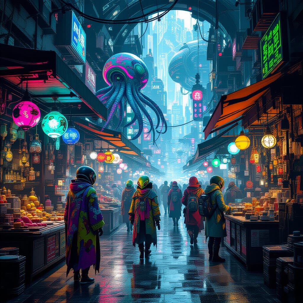 Bustling Alien Marketplace with Bioluminescent Food