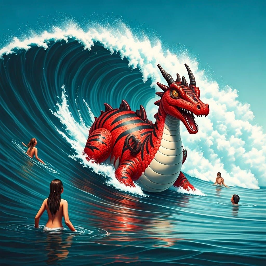 Inflatable Dragon Rides a Colossal Wave