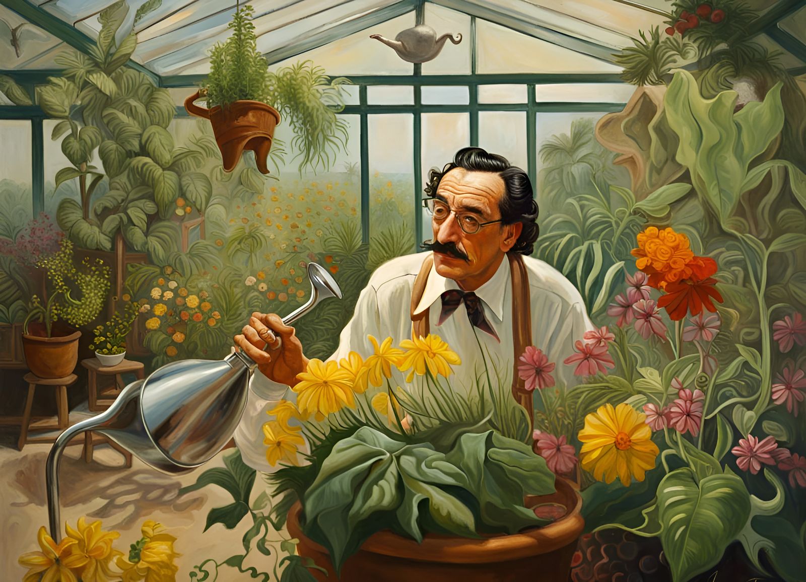 Surrealist Gardener in Greenhouse: Oil Painting