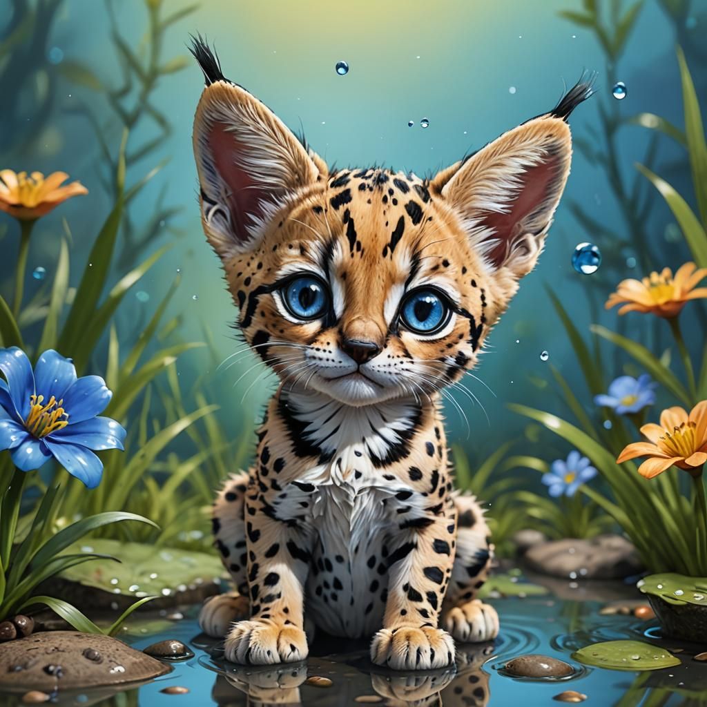 Chibi Serval Kitten and Spotted Frog