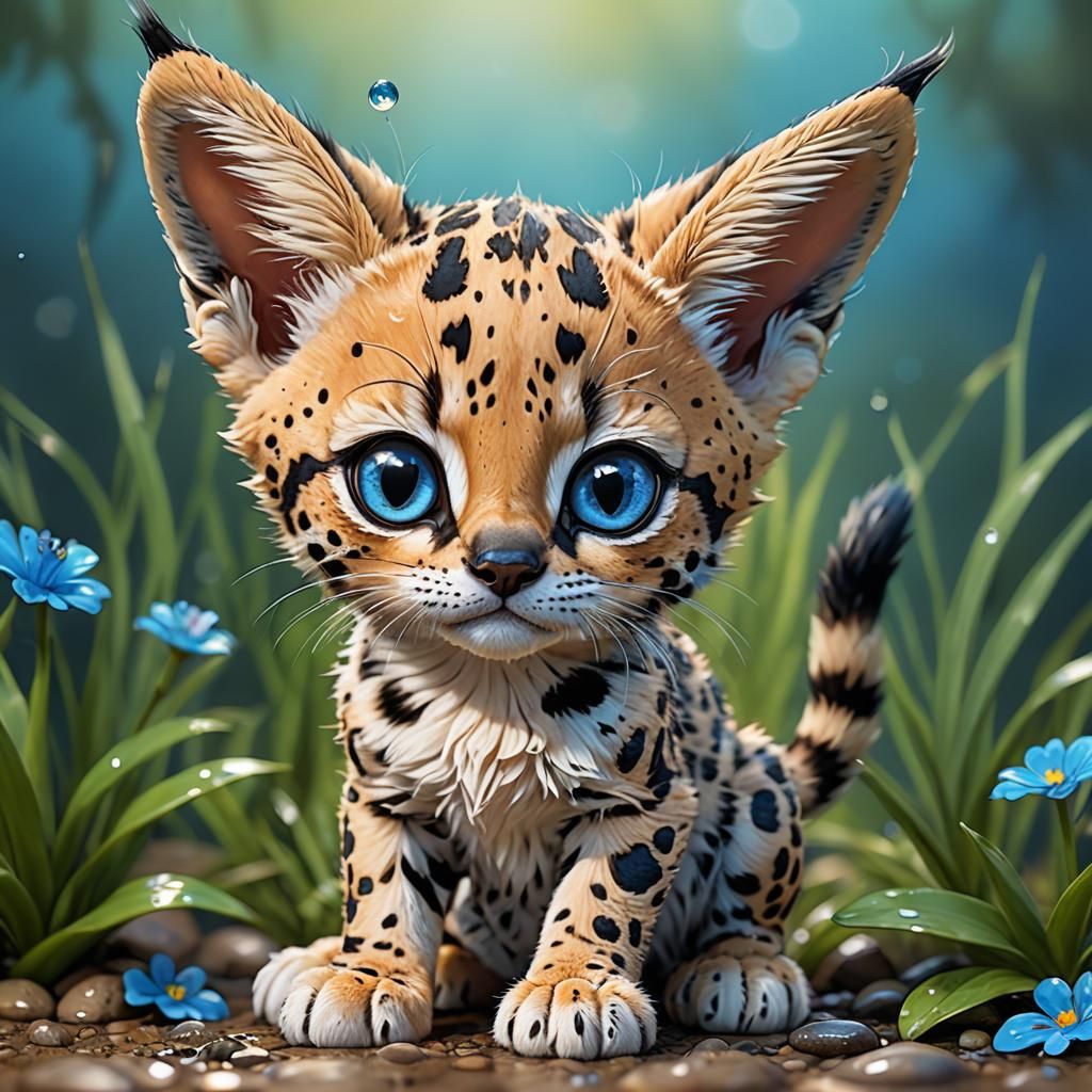 Chibi Serval Kitten and Frog: Hyperrealistic Splash Art