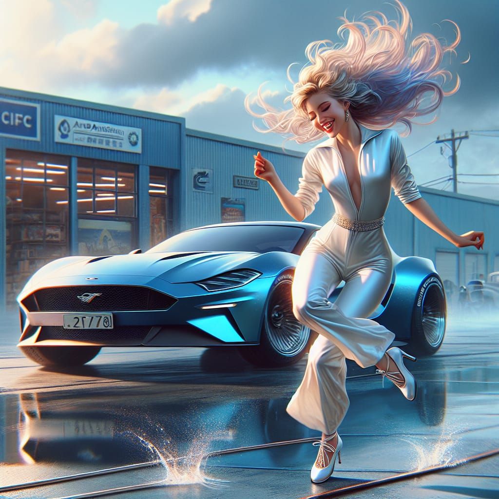 Radiant Woman Tap Dancing by Blue Sports Car