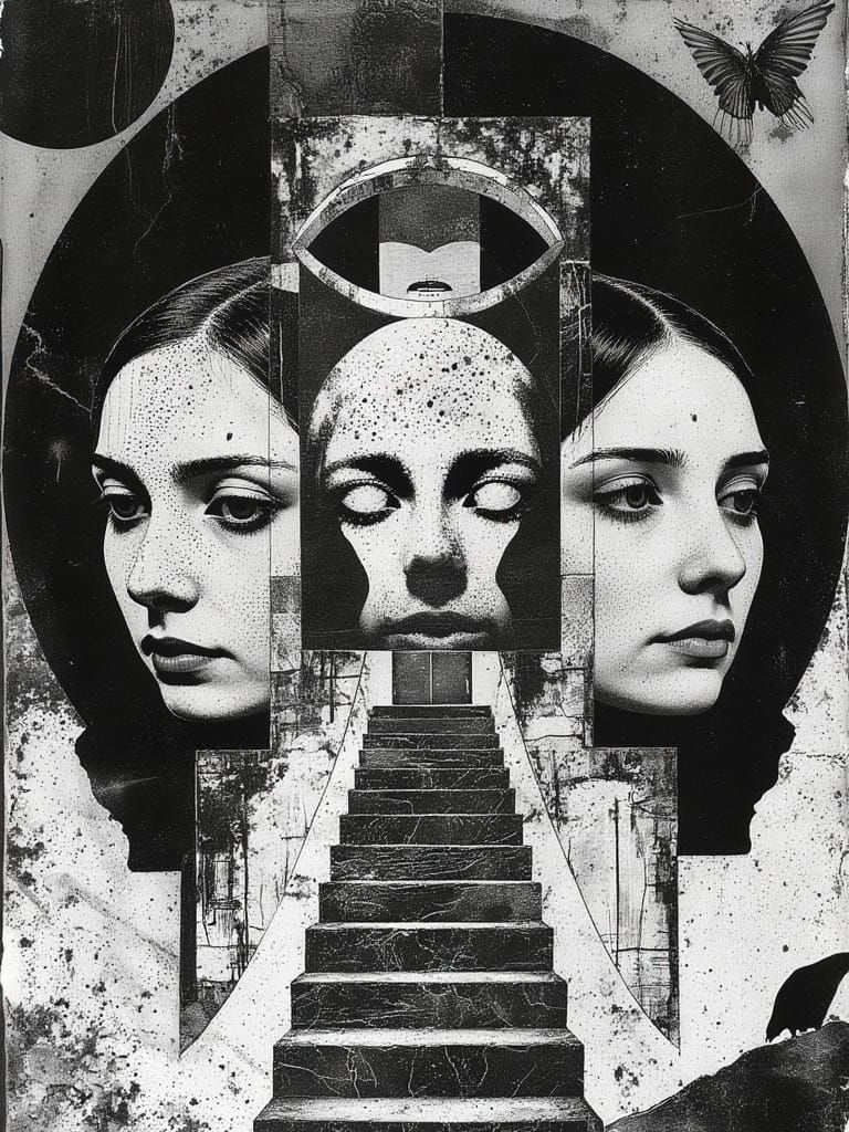 Three Fates in Escher-Inspired, Geometric, Black and White A...