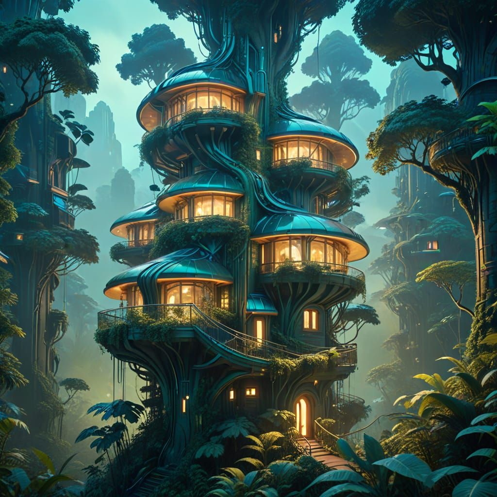 Bioluminescent Solarpunk Metropolis in Misty Night