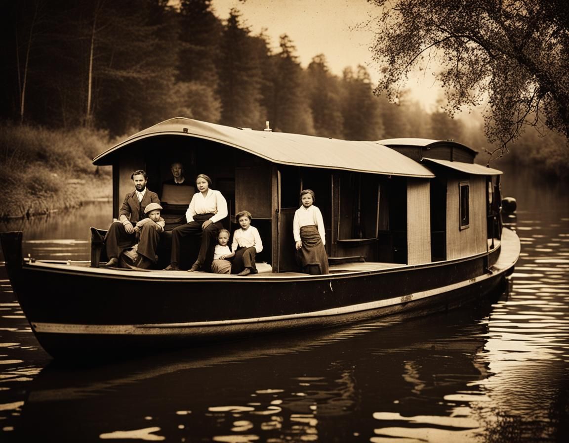 River Houseboat Family in Gritty Duotone