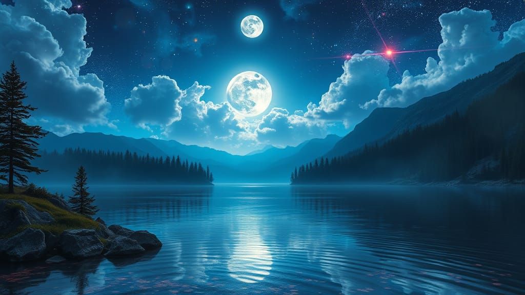 Ethereal Cosmic Lake Under Triadic Moonlight
