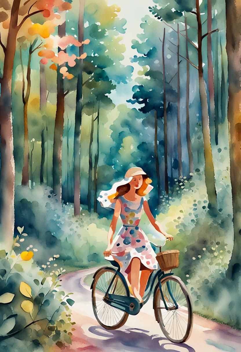 Lady on a bicycle on a trail in the woods