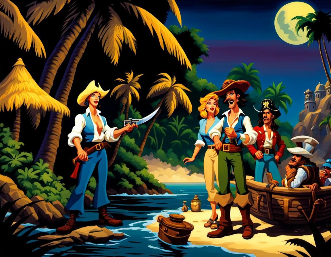 Cartoon Pirates on Monkey Island Adventure