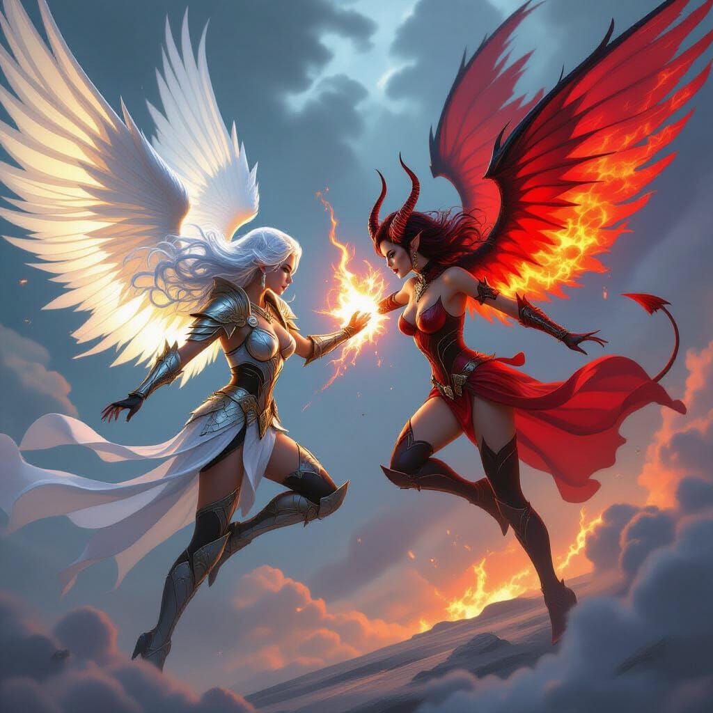 Angelic Warrior vs Devil in Dreamlike Battlefield