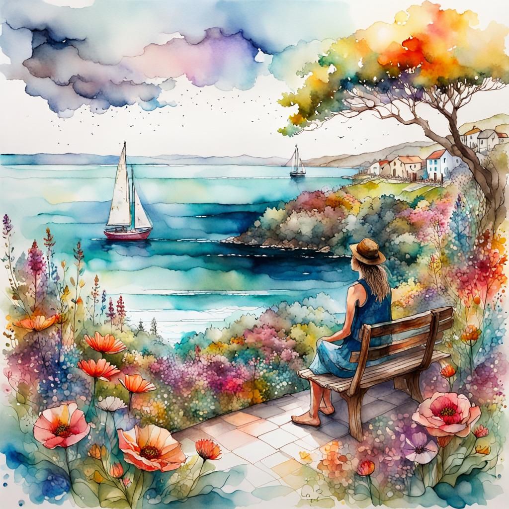 Coastal Garden with Sailing Boat, Maximalist Impressionism