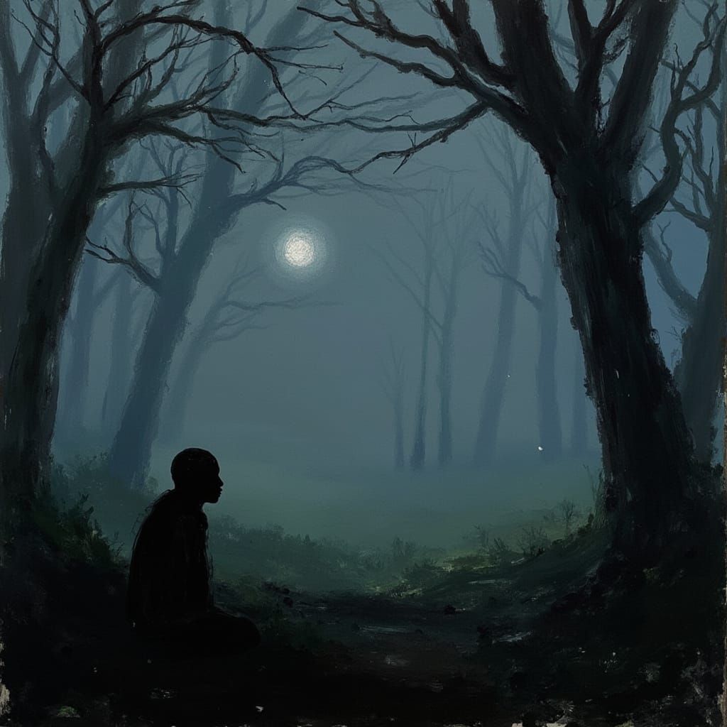 Mysterious Figure Lost in a Moonlit Forest